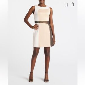 NWT!! DKNY Women's Mesh Panel White/Tan/Black Colorblock Dress - Size 12